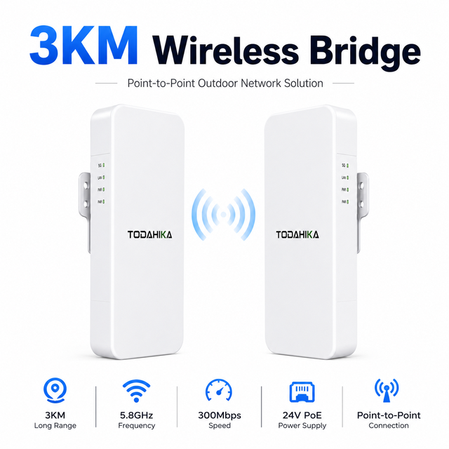 TODAHIKA 300Mbps Outdoor Wireless Bridge 5.8GHz 3KM Long Range Network Solution