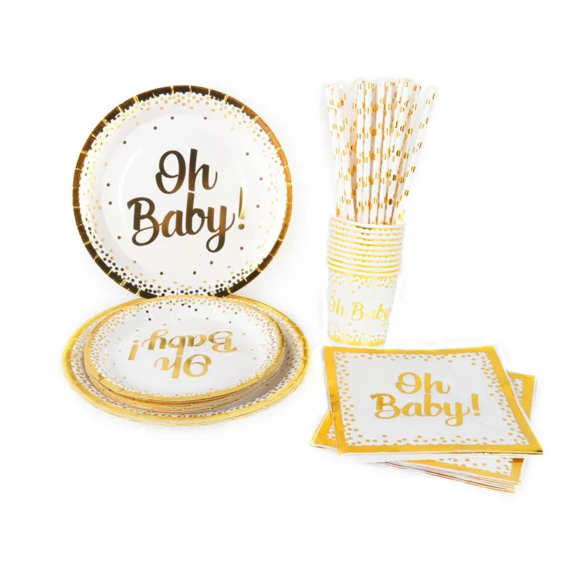 Monouso Oh Baby Glitter bicchieri di carta piatti coltello forchetta e palloncino per Baby Shower forniture per feste