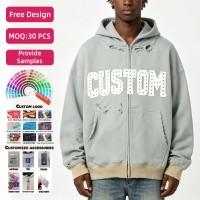 Sudadera con capucha para hombre de algodón 100% de 460 g/m² con efecto lavado, bordado de apliques y cremallera, cuello redondo, estilo pullover.