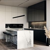 Îlot de cuisine moderne et minimaliste sur mesure en panneau mélaminé avec comptoir en marbre, robinet inclus, pour la restauration, destiné aux promoteurs immobiliers