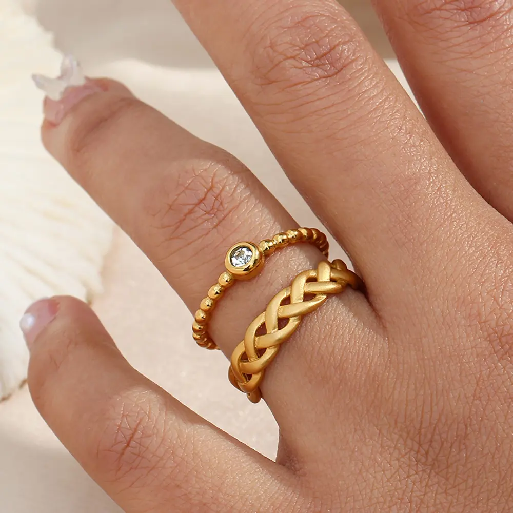 Minimalist Adjustable Thin Stacking Rings Open Beaded Rings Stainless Steel Gold Plated Zircon Ring