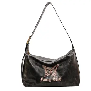 Hot Sale Casual Women Stylish PU Leather Tote Handbag Vintage Embroidery Butterfly Dumpling Hobo Shoulder Bag