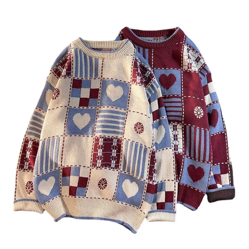 2022 New fall/winter Christmas contrasting heart plaid knit for couples mens knit sweater