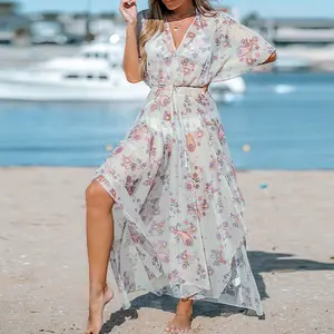 Yüksek kaliteli yaz çiçek baskı şifon seksi Bohemian tropikal kapak Ups plaj kıyafeti elbiseler kadınlar Casual bayanlar ck