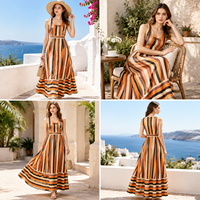 Robe longue rayée vintage personnalisée pour femme, col carré, sans manches, coupe trapèze, robe d'été, vente en gros, mode boutique