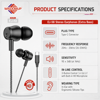 Écouteurs intra-auriculaires filaires WISDOMUP EJ-58 Type-C avec microphone, chipset JL, étanchéité IPX-5, cordon de 1,2 m, AAC pour téléphone et jeux
