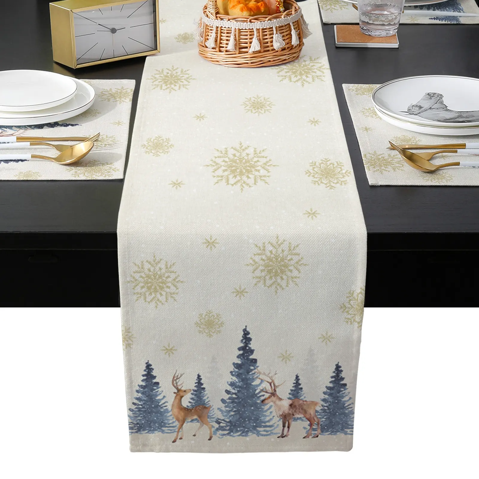 Lino oro cervo alberi fiocchi di neve natale Runner da tavola per la decorazione della tavola da pranzo della cucina di festa