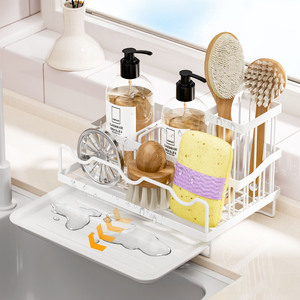 Porte-éponge auto-drainant Caddy d'évier de cuisine Organisateur de rangement d'évier <span class=keywords><strong>noir</strong></span> avec plateau d'égouttement amovible - Product Image 4
