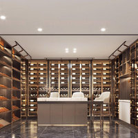 Système de rangement de vin autoportant en bois avec comptoir central de barman et grille à vin multi-niveaux pour cave de villa