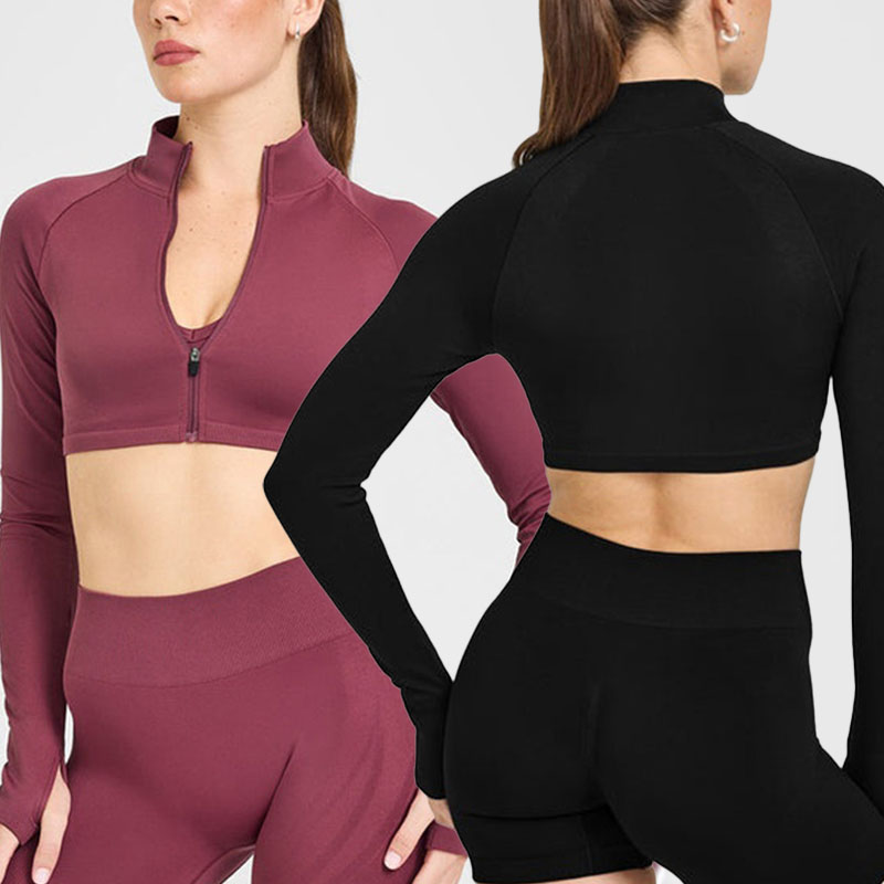 Breathable Stretch Seamless Stand Collar Zip Crop Top Gym Fitness Running Sports Yoga Half Zipper Long Sleeve for Women