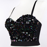 Glitter Party Strappy Sparkle tank Gold Tube butterfly Dance Quality Sleeveless Wedding Sequin Crop Top Women