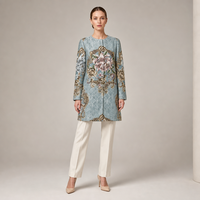 Manteau Modeste Jacquard Flottant Perlé Bleu Poussière pour Femme, Veste Mi-longue Florale Sans Col avec Boutons-Pression Dissimulés, Tenue Formelle ODM