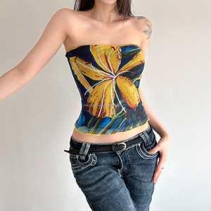 Vacation Style Knitted Eco-Friendly Floral Print Ruched <b>Front</b> Tube <b>Top</b> Women Summer Hot Sale Sleeveless <b>Cutout</b> Mesh Breathable - Product Image 1