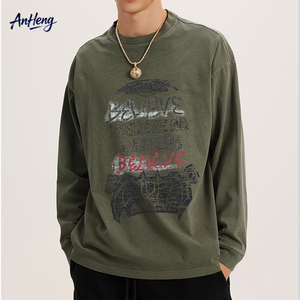 <b>Men</b> Loose Fit 260G Cotton Long Sleeve T-Shirt Heavyweight Washed Vintage Graphic Print Streetwear Supplier OEM Top Wear Bulk - Product Image 1
