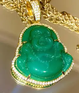 18K Gold Plated Finish Green Jade Lab Simulated Diamonds Laughing Buddha Iced Out Pendant Necklace CZ Jewelry