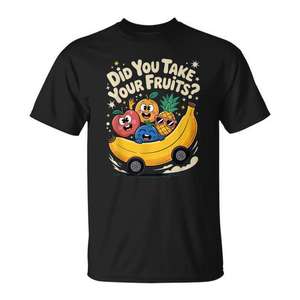 Camiseta Did You Take Your Fruits con diseño de dibujos animados de frutas, color negro, unisex, para adultos, cuello redondo, manga corta, impresión digital - Product Image 1