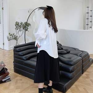 Camisa de Popelina de Algodón Blanca para Mujer Talla Grande, Cuello Camisero, Mangas Farol, Color Sólido, Blusa de Oficina N8293 - Product Image 1