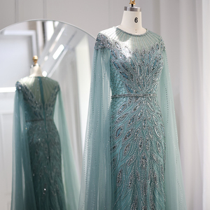Luxe arabe bleu sirène robe de soirée avec Cape manches sauge vert or dubaï femmes robes de soirée de mariage SZ009 - Product Image 6