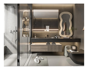 Venta caliente Panel estriado Pared Flotante Fregadero Muebles Moderno Gabinete de baño Vanidad con espejo - Product Image 4