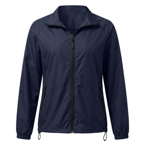 Chaqueta Azul Marino Cortavientos con Cierre, Cuello Alto y Bolsillos Laterales, Corte Regular, Chaqueta Deportiva Casual para Mujer, Poliéster, Ropa de Primavera - Product Image 1