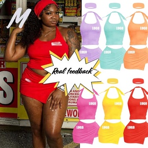 2026 Custom Logo Summer Clothes for Women Cotton Crop Halter Lace up <strong>Tops</strong> and Skirt Shorts Sets Two Piece Set Women Clothing - Product Image 4