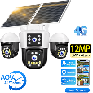 กล้องวงจรปิดรักษาความปลอดภัยพลังงานแสงอาทิตย์ 4G ความละเอียด 12MP 4 เลนส์ บันทึกภาพตลอด 24 ชั่วโมง พร้อมไฟส่องสว่าง กล้อง PTZ ไร้สายสำหรับภายนอกอาคาร รองรับ 4 หน้า<span class=keywords><strong>จ</strong></span>อ ระบบเสียง 2 ทาง มาตรฐาน IP66 - Product Image 1