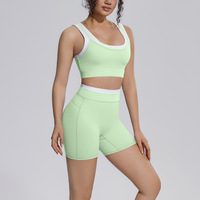 Kleurblok Workout Set Geribbelde Schokabsorberende Push-up Sportbeha Hoge Taille Buikverstevigende Heupliftende Shorts Yoga Set