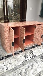 Midcentury Modern Wood <b>Sideboard</b> With Metal Handles Pink Marbled Finish 4-Door Buffet Cabinet For Living Room - Product Image 3