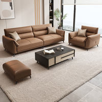 Canapé sectionnel en cuir moderne et minimaliste, luxe léger, modulaire, pour salon de villa, trois places, canapé de détente, pieds en acier inoxydable
