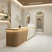 Comptoir de réception moderne pour salon de beauté, spa, hôtel, bureau, avec éclairage LED et lattes en bois, petit et personnalisé