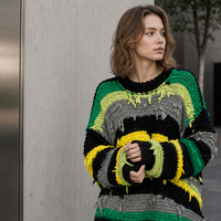 Pull tricoté fait main au design original, style mode urbaine - 50% Soie de mûrier 50% Coton, rayé, épais, col rond, pour femme, hiver