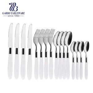 Juego de cubiertos de plástico blanco de fábrica de 16 piezas Juego de cubiertos de acero inoxidable utensilios de plata cuchara cuchillo tenedor para venta al por mayor