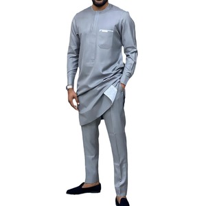 Nouvel ensemble 2 pièces gris pour <span class=keywords><strong>homme</strong></span> : chemise et pantalon kaftan africain, <span class=keywords><strong>tenue</strong></span> formelle musulmane, costume islamique, Dashiki, vente en gros - Product Image 5