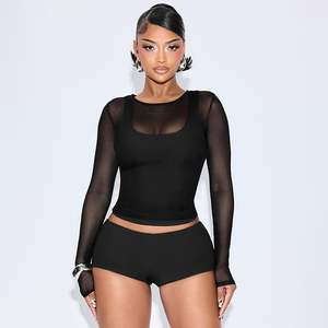 Conjunto de Top y Shorts de Malla Transparente para Mujer 2026, Estilo Bodycon con Cuello Cuadrado, Atuendo de Club, Cintura Natural, Negro - Product Image 2