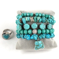 Nouvelle collection bohème : Ensemble de 5 bracelets élastiques empilables avec pierres précieuses naturelles irrégulières et perles de verre, et bague à bouton interchangeable