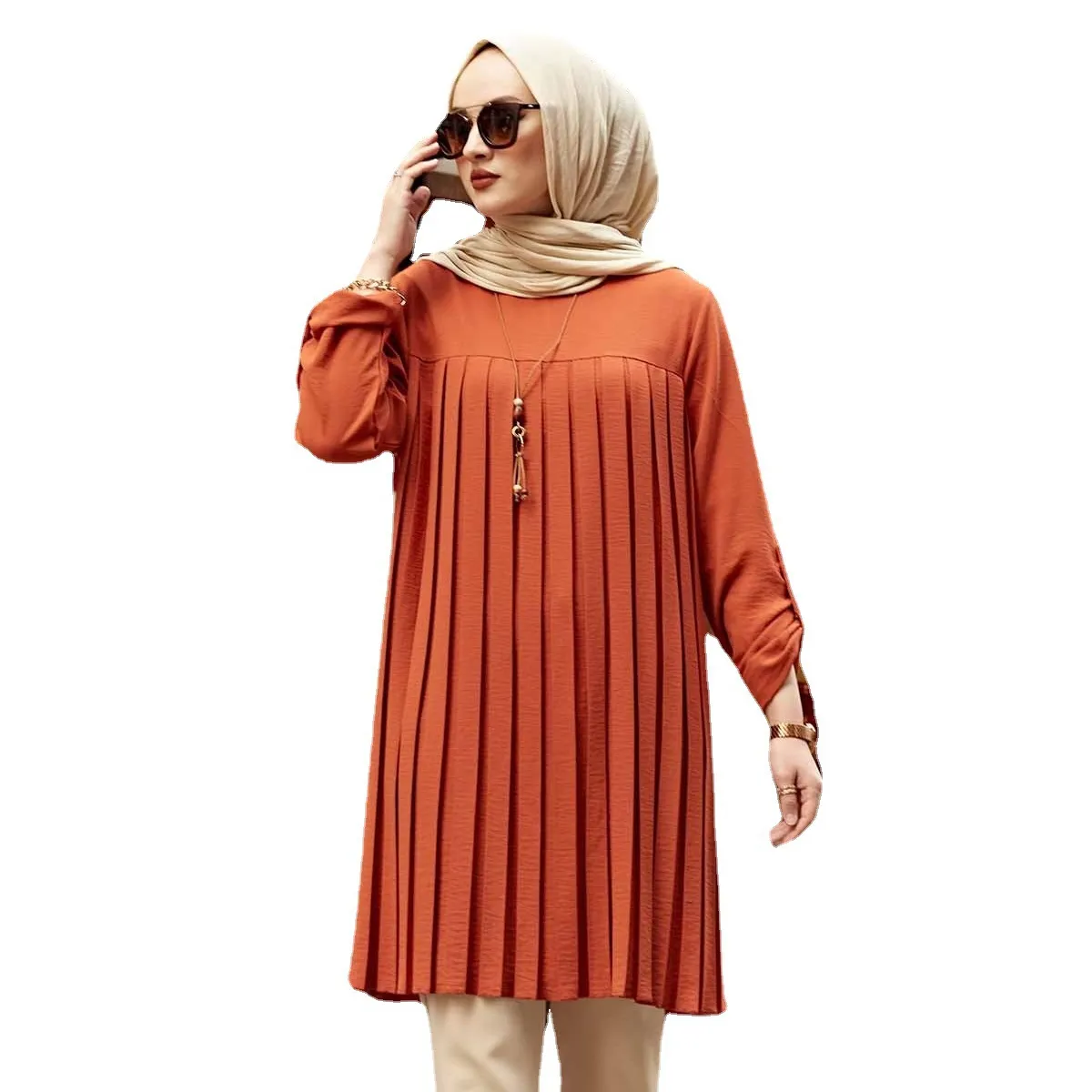 Fast Delivery Custom Logo S-5 XL Long Sleeve Round Pleated Neck Comfortable New Muslim Loose Dress Chiffon Shirt Blouse Low MOQ