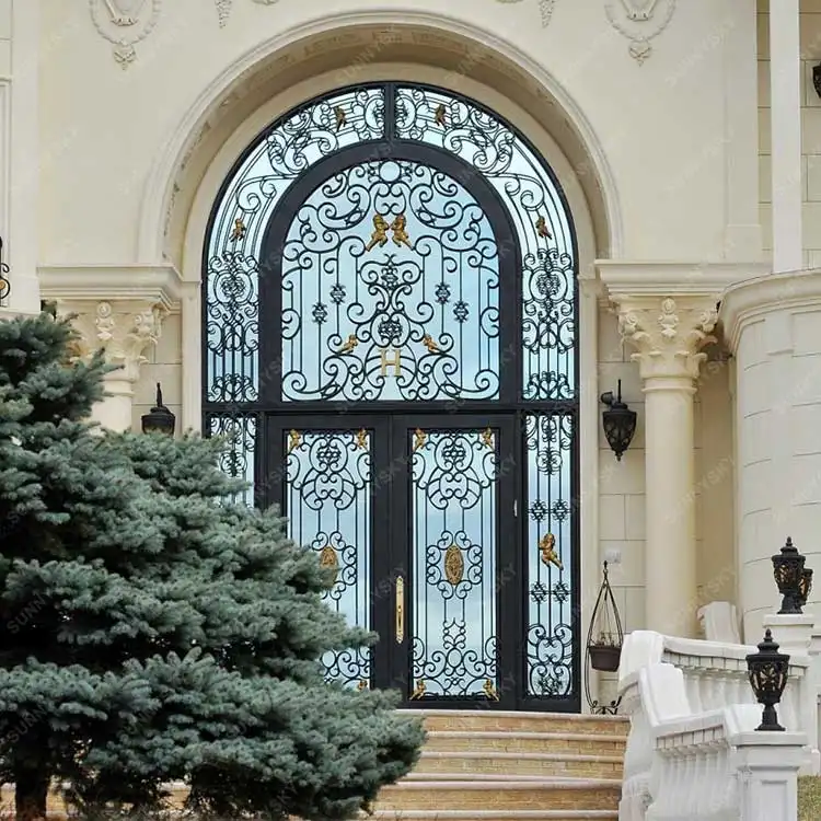 Porta de segurança dupla europeu ferro forjado entrada frente porta exterior rústico arco decorativo grade ferro forjado porta