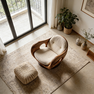 Poltrona Singola <span class=keywords><strong>in</strong></span> <span class=keywords><strong>Legno</strong></span> Massello Stile Mid-Century con Base Girevole, Colore del Tessuto Personalizzabile, <span class=keywords><strong>per</strong></span> <span class=keywords><strong>Soggiorno</strong></span> e Showroom - Product Image 4
