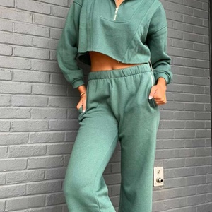 Ensemble de survêtement décontracté pour femme, 2 pièces, couleur personnalisée, sweat-shirt court zippé et pantalon de jogging, écologique, uni, avec logo - Product Image 2