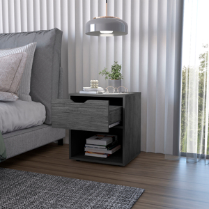 <b>Light</b> Gray Elegant Drawer Nightstand With Open Shelf For Bedroom Storage - Product Image 2
