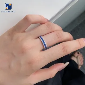 Eternità banda zaffiro cz diamante blu principessa taglio cubici anelli di zircone donna alta gioielli per il matrimonio