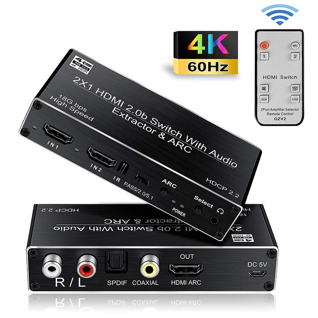 SYONG 2 Port HDMI 2.0b Switch with Audio Extractor Splitter ARC, 4K@60hz with Toslink SPDIF Coaxial + Analog RCA R/L 3.5mm Aux