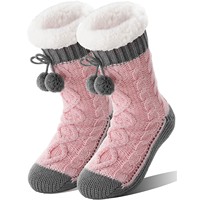 Chaussettes douillettes et antidérapantes Welwoos pour femmes, au-dessus du genou, en fourrure, épaisses, chaudes, pour l'hiver, cadeau de Noël (rouge et violet)