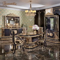 Ensemble de salle à manger de luxe noir et or élégant, table en bois sculpté à la française, buffet, armoire miroir, pour grande salle à manger, usage hôtelier