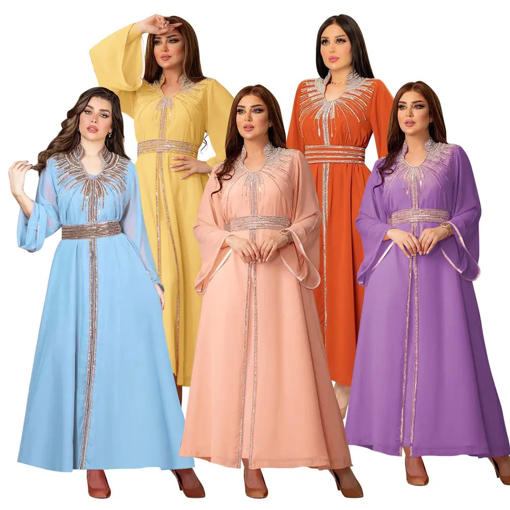 Dubai Abaya müslüman kadın elbise uzun Abaya arap Robe orta doğu Kaftan moda sıcak elmas şifon elbise kemer