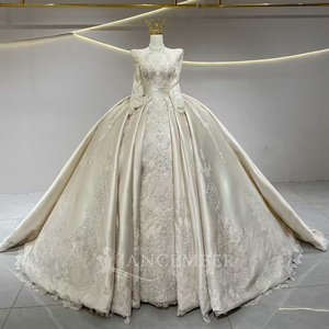 JFH03 Vintage Modern Muslim High Neck Satin Embroidery Lace Beading Chapel Train Flowers Crystal Appliques Ball Gown Long - Product Image 3