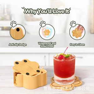 Mulbom Bamboo Paw <b>Coaster</b> Set 6 Pieces With Holder Non Slip Heat Insulating Home <b>Drink</b> <b>Coaster</b> - Product Image 2