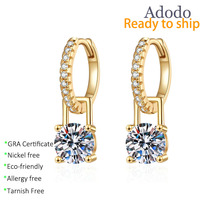 Anting-anting gantung moissanite potongan bulat 2CT mungil, dapat dilepas, VVS1 GRA, perak sterling 925 berlapis emas, 2-in-1, dapat digunakan untuk berbagai keperluan.
