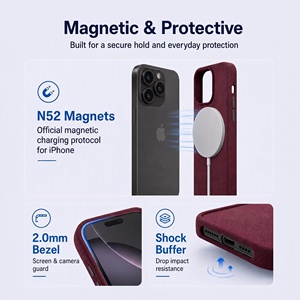 <span class=keywords><strong>Coque</strong></span> de téléphone pour <span class=keywords><strong>iPhone</strong></span> 14 en Alcantara italien authentique, avec cadre de caméra en métal et attraction magnétique, service OEM/ODM - Product Image 3