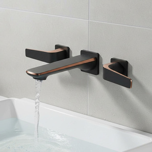 Rubinetto da Parete Nero Opaco di Lusso a 3 Fori con Doppia Leva per <span class=keywords><strong>Lavabo</strong></span> <span class=keywords><strong>Bagno</strong></span>, <span class=keywords><strong>Miscelatore</strong></span> per Progetti di Ristrutturazione Villa e Hotel - Product Image 2